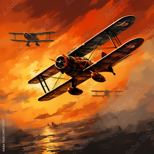 Vintage biplanes flying in formation against a fiery sunset.