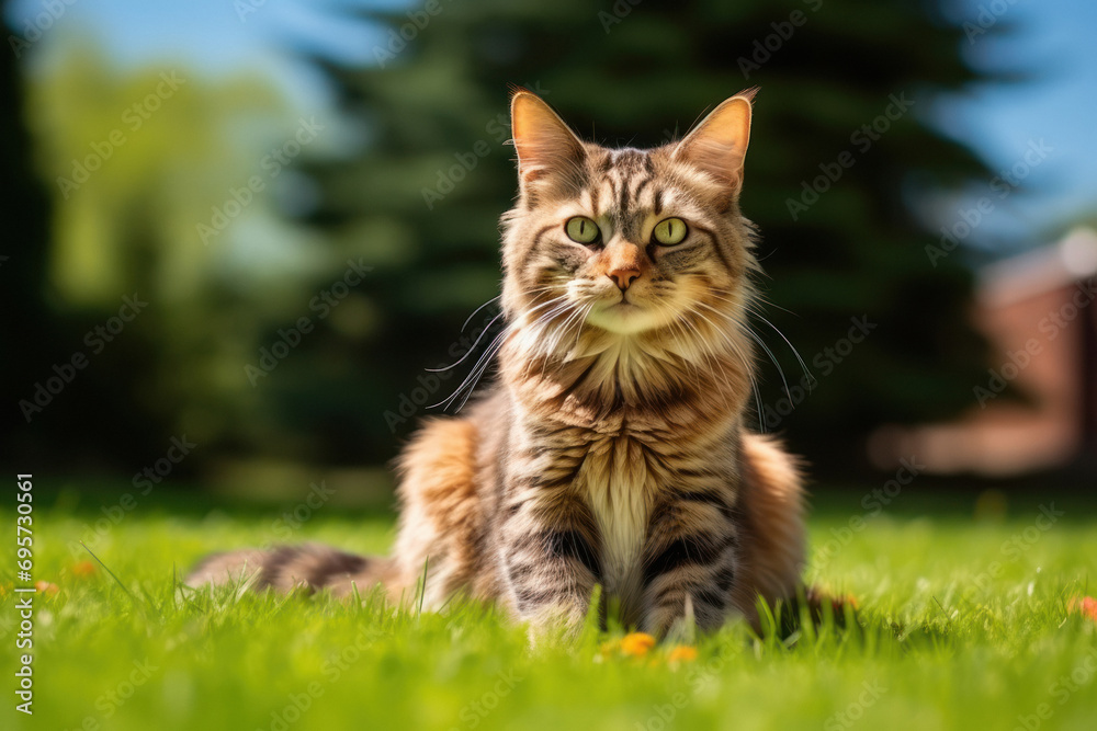 cat sitting on the grass field and looking angry