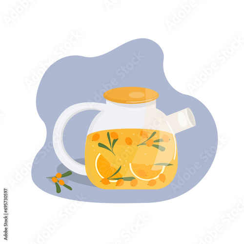 A glass teapot with sea buckthorn and oranges, a sprig of sea buckthorn. Berry or fruit tea. Vector illustration, flat, cartoon style.