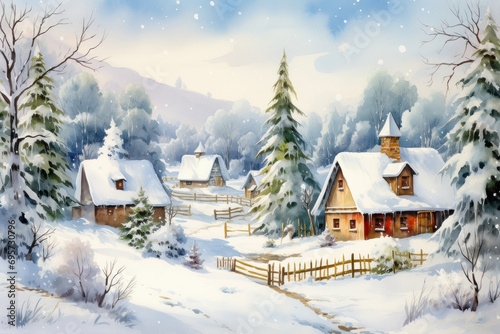 Beautiful winter house and Christmas tree on the mountain