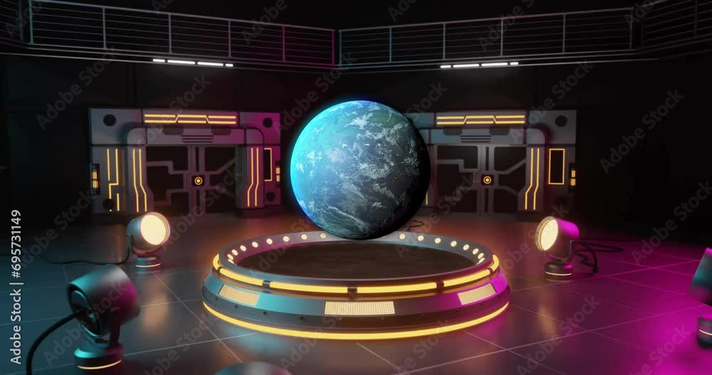 Animation of spinning globe over cyber room