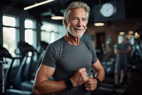 Portrait of a smiling senior man standing in a gym and looking at camera.
