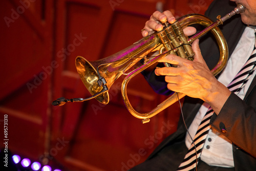 man Playing trumpet in suit during event photo