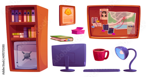 Detective office or police room interior furniture collection. Cartoon vector crime agency workspace elements - investigation map on pin board, rack with documents and safe box, computer and lamp.
