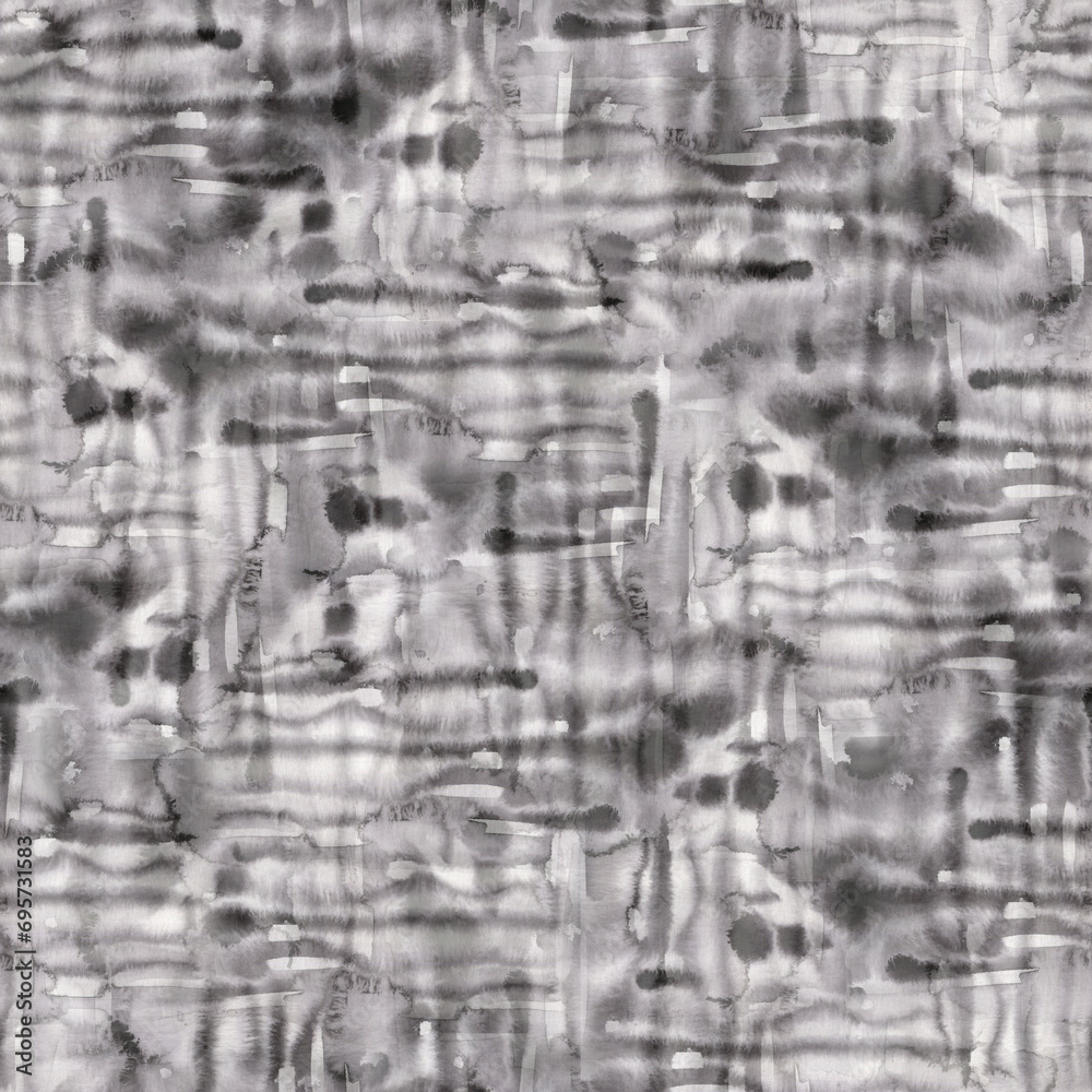 Black and white watercolor seamless texture. Abstract ink strokes endless background. Gray hand drawn print for fabric and wallpaper. Grunge backdrop.