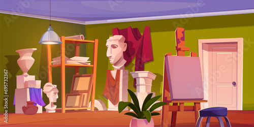 Artist or sculptor workshop interior. Vector cartoon illustration of art studio room equipment, framed canvas on easel, head and vase sculptures, paper on shelf, red curtain on wall, design school