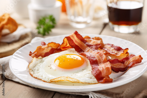 Breakfast plate with fried egg and bacon