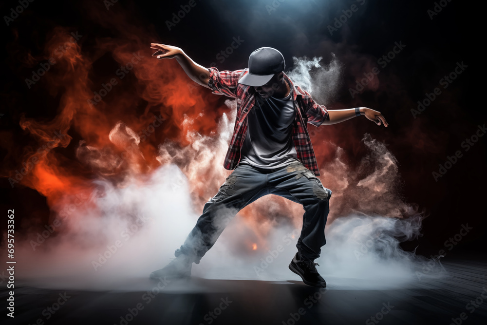 Young hip hop dancer dancing on a dark background in smoke. - obrazy, fototapety, plakaty 