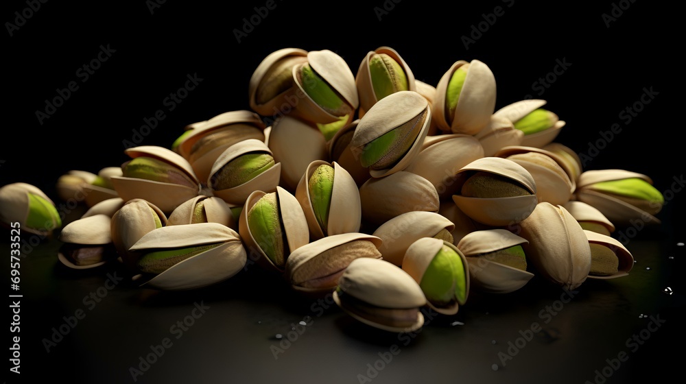Pistachio nuts on a wooden board, isolated on black background Pistachio nuts on a wooden board, isolated on black background