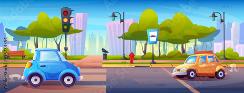 Cartoon summer landscape of city street road with cars, traffic light and bus stop sign, cross and sidewalk near public park with trees. Vector urban scene with vehicle on highway near zebra lanes.