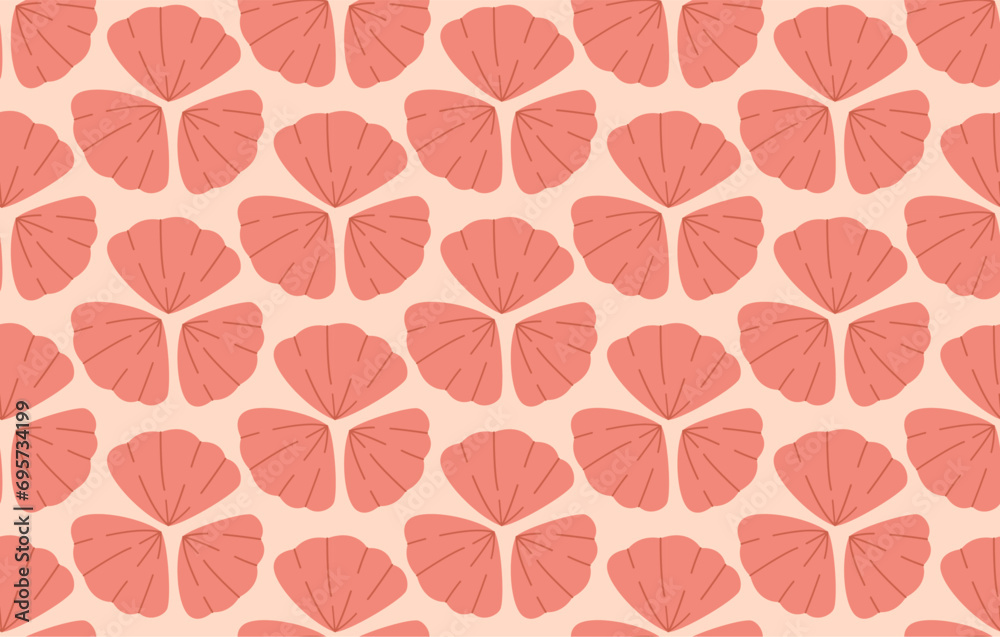 Light red seashells repeating pattern. Pink pattern with shells are arranged in petals