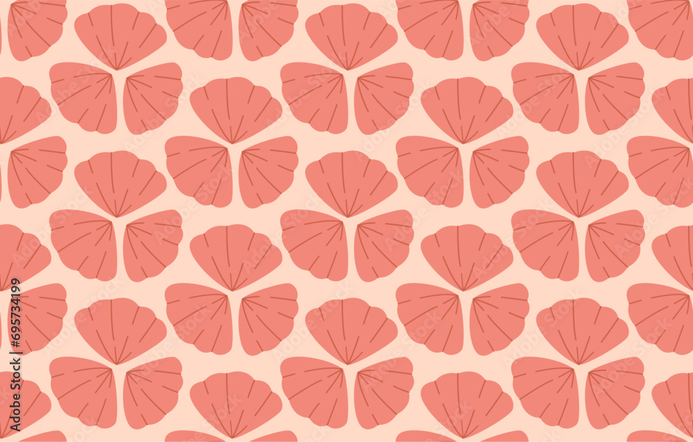 Light red seashells repeating pattern. Pink pattern with shells are arranged in petals Light red seashells repeating pattern. Pink pattern with shells are arranged in petals