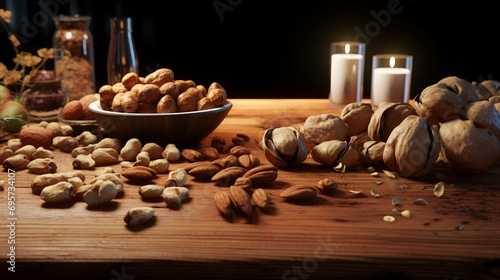 Walnuts, pistachios, hazelnuts, almonds, almonds, walnuts in a bowl on a wooden table