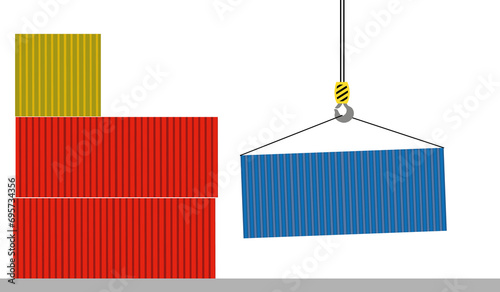 Cargo container set isolated on white background. Colorful box from different sides collection. Freight shipping container hanging on crane hook. Simple design
