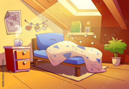Attic bedroom interior with furniture and accessories. Cartoon vector illustration of cozy flooded with sunlight mansarda room with tilted window and bed with pillow and blanket for sleep and relax.