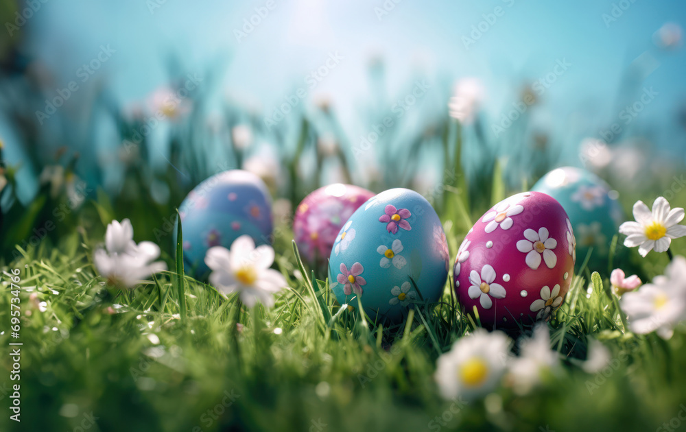 Decorative painted Easter eggs nestled in a lush field of daisies under a clear blue sky, capturing the essence of spring celebration Decorative painted Easter eggs nestled in a lush field of daisies under a clear blue sky, capturing the essence of spring celebration