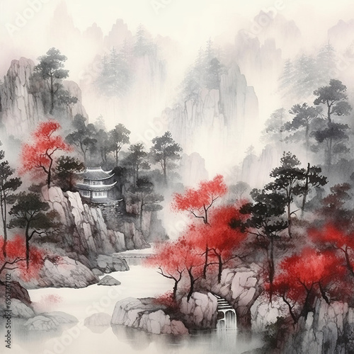 wallpaper vintage landscape drawing of jungle mountains with trees fog and clouds in black and red, Ink wash painting, generative ai