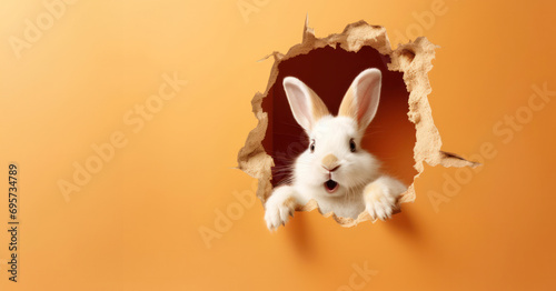An adorable white rabbit peeks through a torn orange paper wall, creating a playful and unexpected image photo