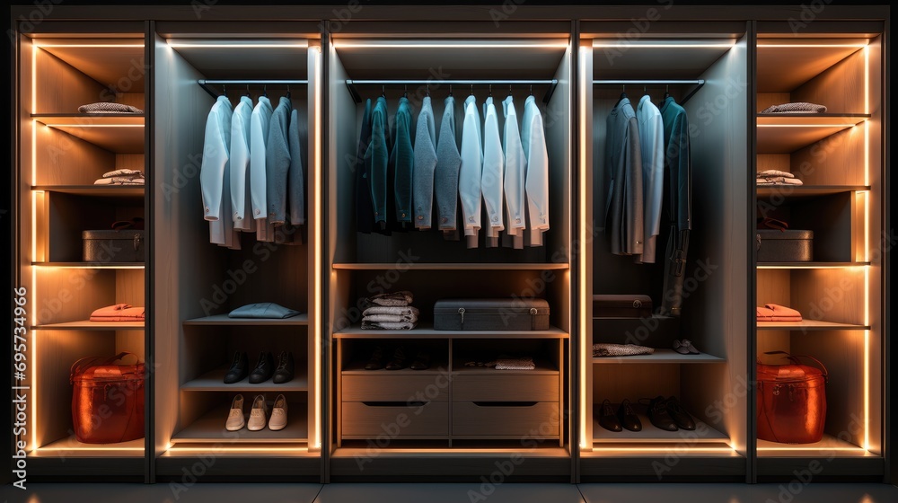 A full length picture of wardrobe with internal lighting. Generative AI. A full length picture of wardrobe with internal lighting. Generative AI.