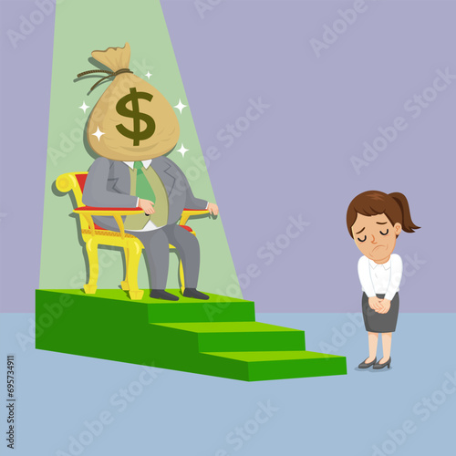 A woman under authority a man who has money sitting on chair. Concept of money and power.illustration vector cartoon.