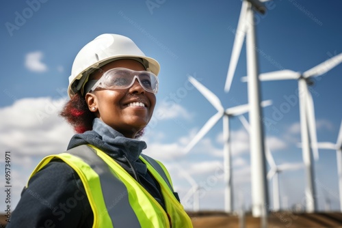 african american female engineer in helmet and reflective vest at wind turbines farm
