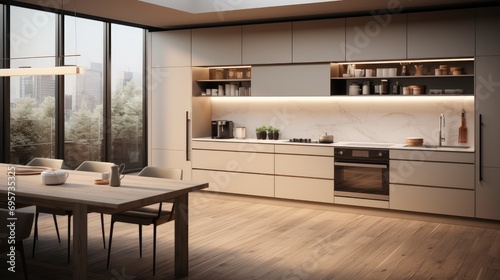 Modern style kitchen with wooden cabinets. Generative AI.