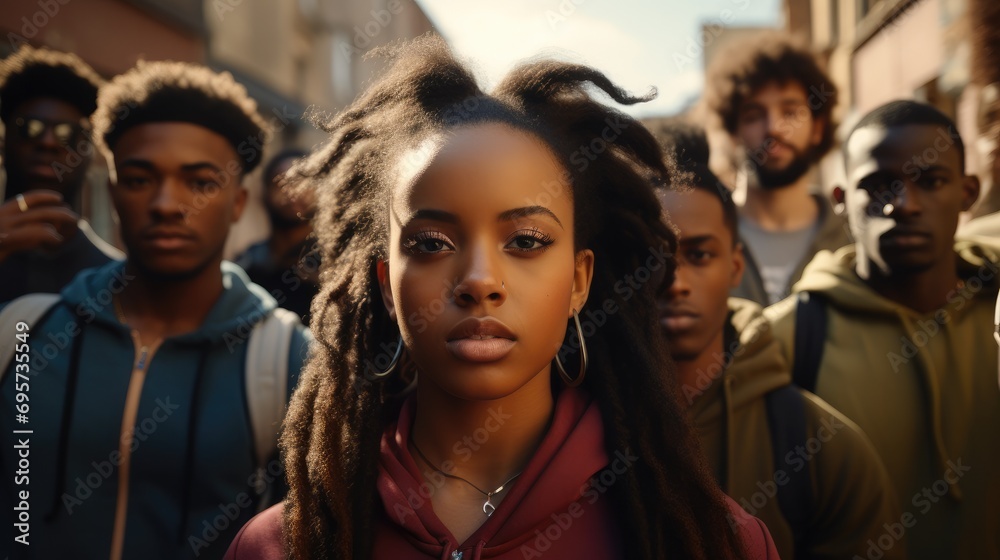 A group of young urban hip African youth standing on the side of the pavement. Generative AI.