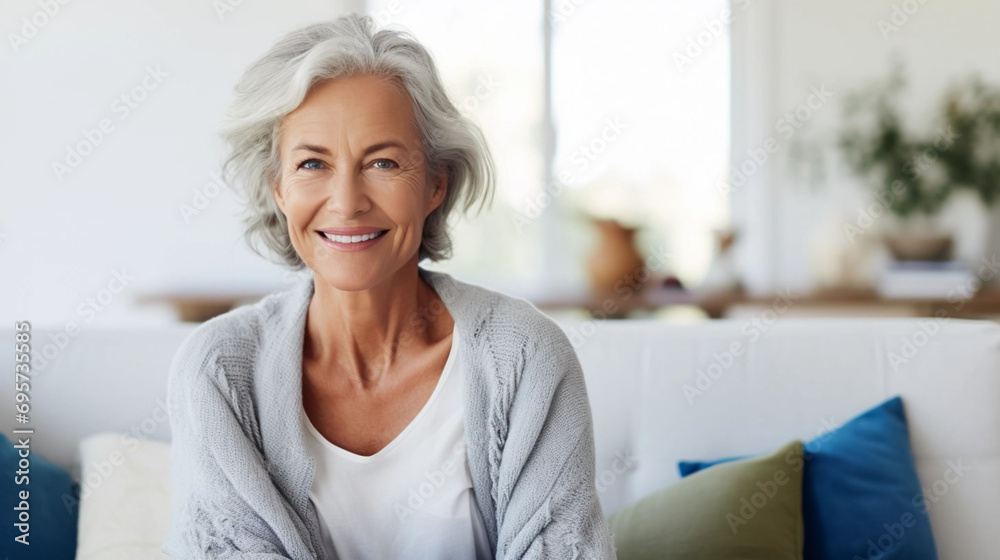 copy space, stockphoto, middle aged woman sitting on sofa at home, single mature senior in living room. Happy woman sitting. Carefree lifestyle. Aged woman in good health. - obrazy, fototapety, plakaty 
