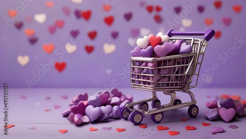 Shopping cart with wooden blocks, top view, closeup. Modern retail and commerce concept
