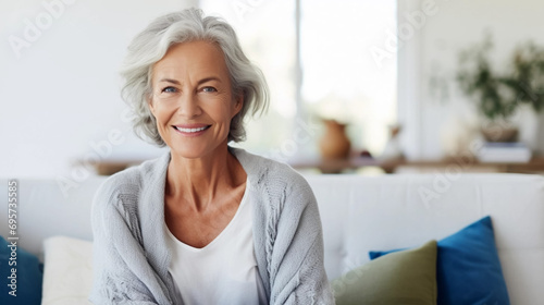 copy space, stockphoto, middle aged woman sitting on sofa at home, single mature senior in living room. Happy woman sitting. Carefree lifestyle. Aged woman in good health. photo