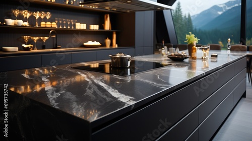 A modern style kitchen made of black marble polished in the modern style. Generative AI.