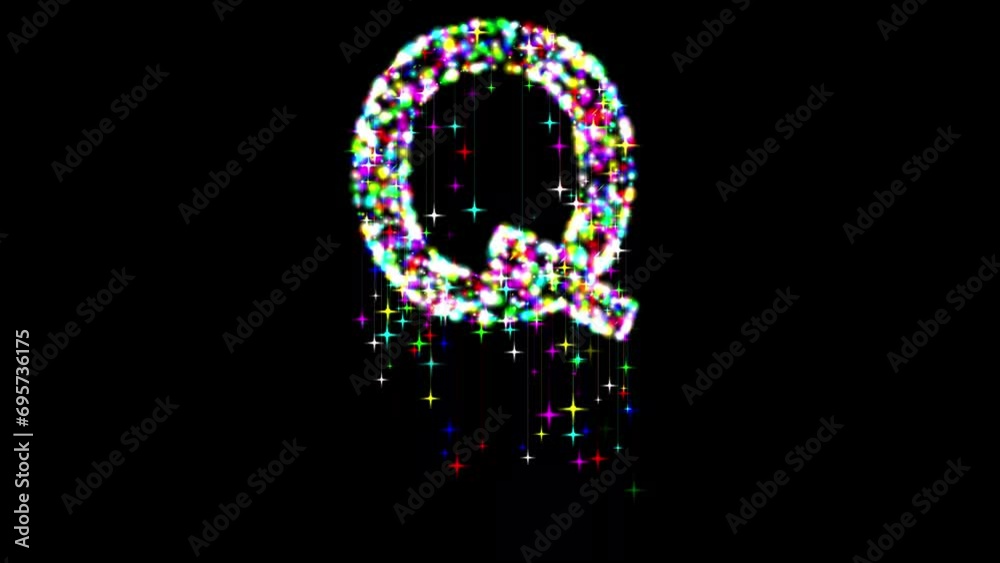 English alphabet Q with colorful glitter sparkles and falling stars on plain black background English alphabet Q with colorful glitter sparkles and falling stars on plain black background