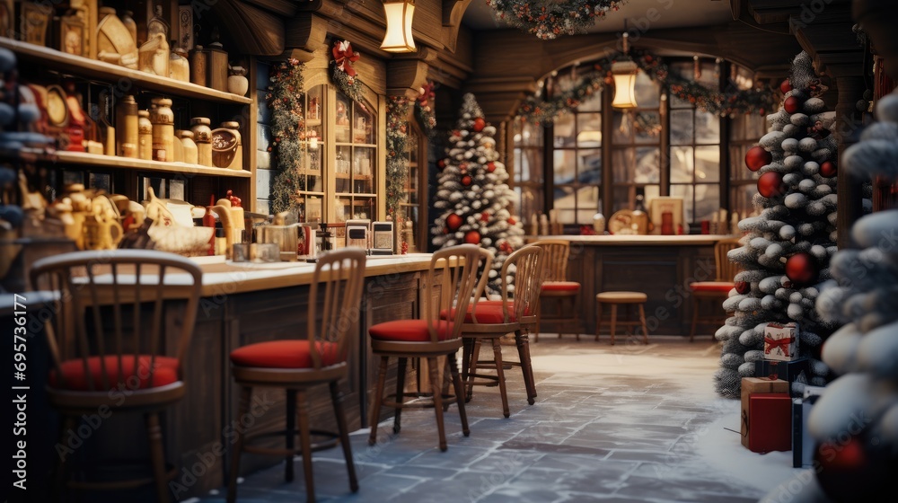 A small cafe with Christmas decorations on the town. Generative AI.