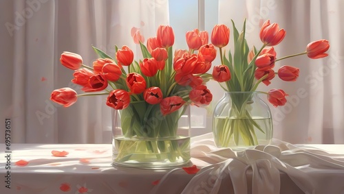 bouquet of tulips Beautiful pink tulips in glass vase on windowsill background
