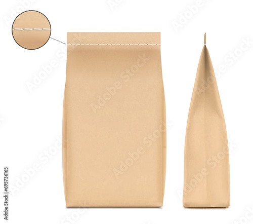 Vertical stitched kraft paper bag mockup. Front and side view. High realistic. Vector illustration isolated on white background. Ready for use in presentation, promo, advertising and more. EPS10.