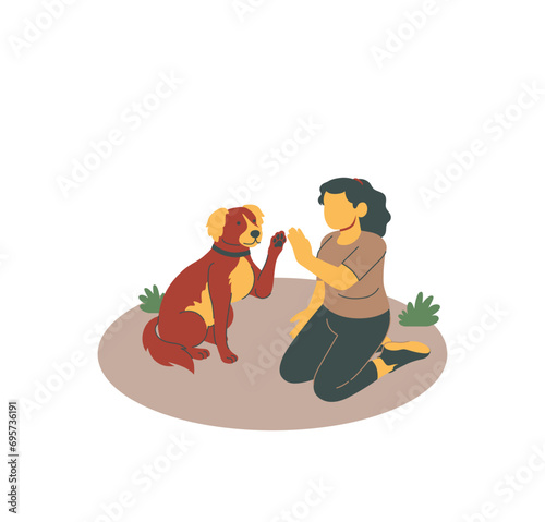 Woman playing with her dog on floor  flat vector illustration isolated.