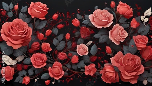 red roses background Closeup of Colorful and Vibrant Cranberry Bushes for Christmas or Thanksgiving Holidays - Beautiful Red Berries with Dark Green Foliage and Leaves - Red, Pink Color