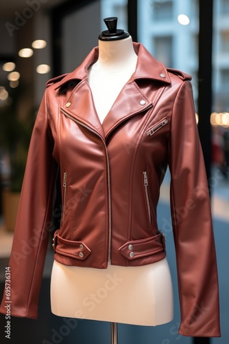 A women's leather jacket hanging in the shop window on the street. Generative AI. photo