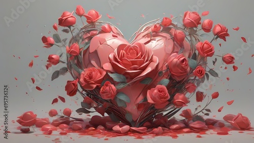 red rose with heart Heart made of beautiful flowers on color background. Valentine's Day celebration
