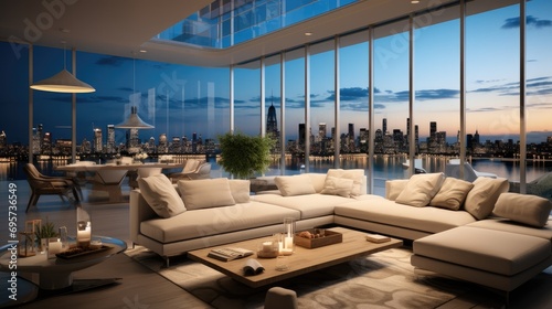 Luxury penthouse with skyline view, High-end finishes. Generative AI. photo