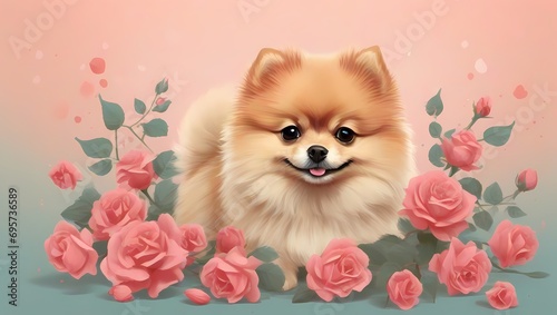 pomeranian puppy with flowers Cute fluffy puppy poses for a photo in a beautiful location. The breed of the dog is the Pomeranian
