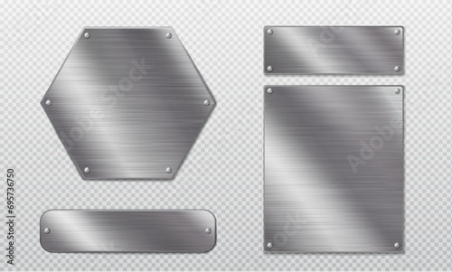 Steel metal tag plate of rectangular, square and hexagon shape with rivets. Realistic vector set of blank aluminum nameplates or boards with screws. Chrome surface empty plaque or frame mockup.