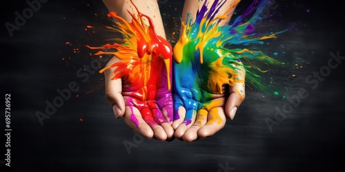 Hand raised in a fist, adorned with rainbow colors, symbolizing Gay Pride and the LGBT concept.
