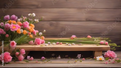 tulips in a wooden box Spring flowers on wooden table for product display background. Natural background

