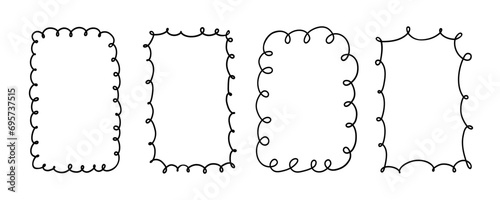 Doodle rectangle and oval looped frames. Hand drawn scalloped edge rectangle and ellipse shapes. Simple label form. Flower silhouette lace frame. Vector illustration isolated on white background.