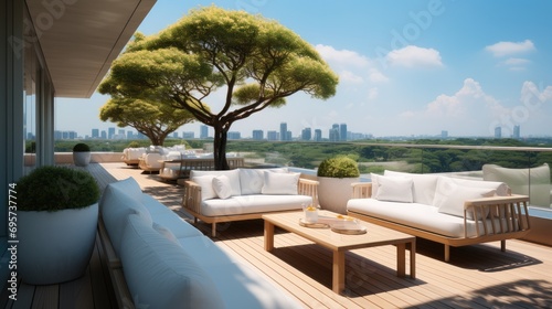 On the large terrace, There are sofas, Coffee tables and many tall and low trees planted to complement each other. Generative AI. © visoot