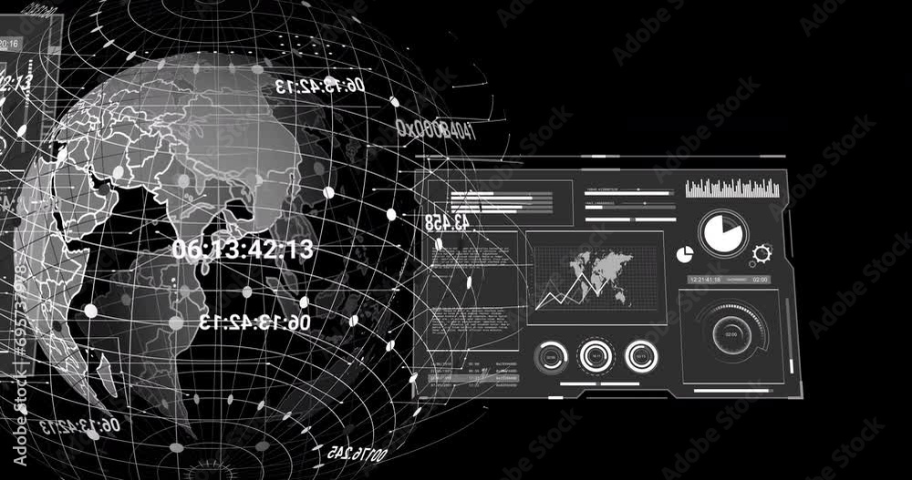 Animation of screen and data processing over globe on black background