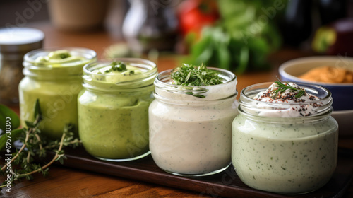 Avocado, Assorted small jars of homemade ranch dressing with herbs and hot pepper. Generative AI.