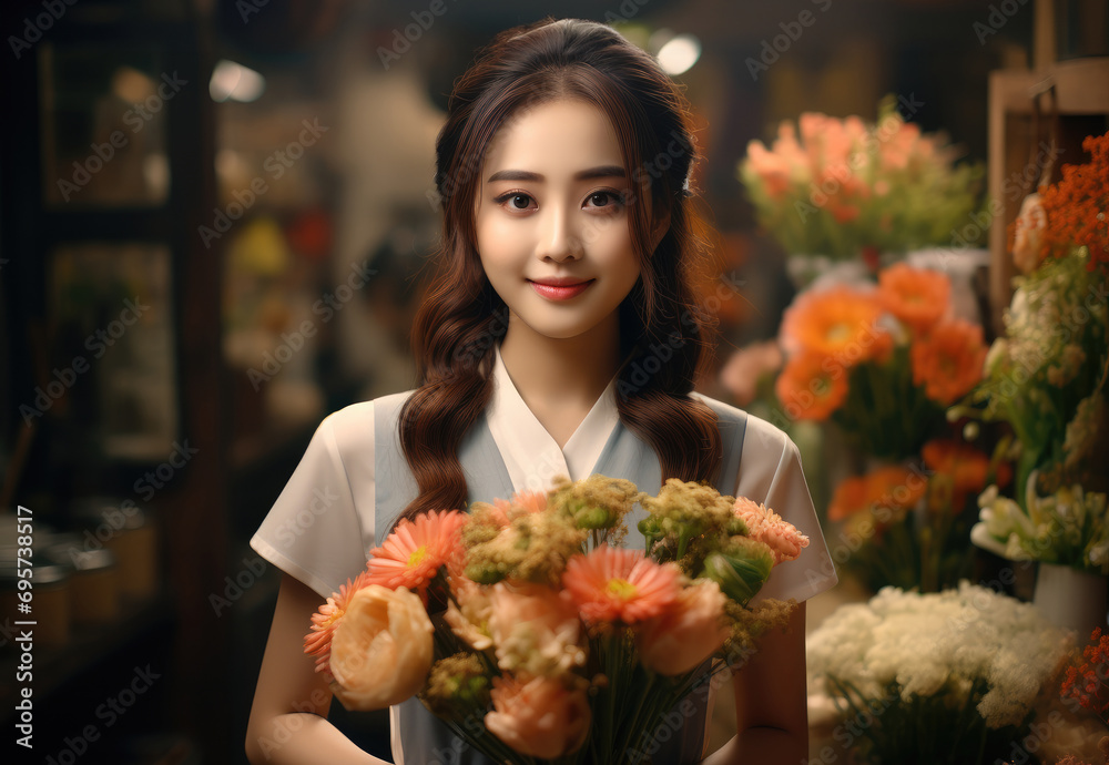 Portrait of Chinese flower shop woman manager. Generative AI.