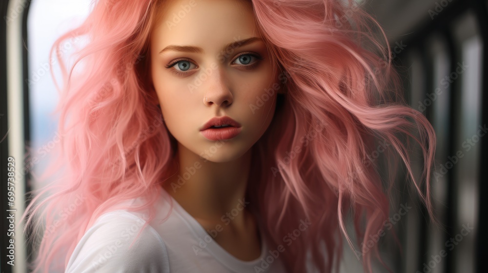 Obraz premium Stunning supermodel with pink hair green eyes. Generative AI.